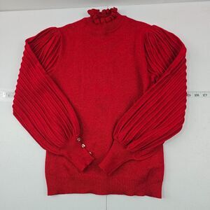 Nanette‎ Lepore Red Puff Sleeve Sweater Ruffle Neck Metallic Knit Small 4695